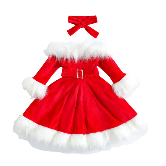 Kid Baby Girl Christmas Clothes Set, Faux Fur Patchwork Long Sleeve Off Shoulder A-Line Dress with Belt + Bow Headband 1-7T