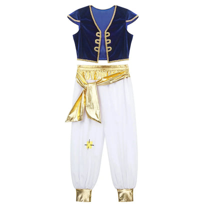 Kid Boy Arab Prince Costume Persian Arabian Halloween Role Play Cap Sleeves Vest Waistcoat with Harem Pant Suit Carnival Outfits