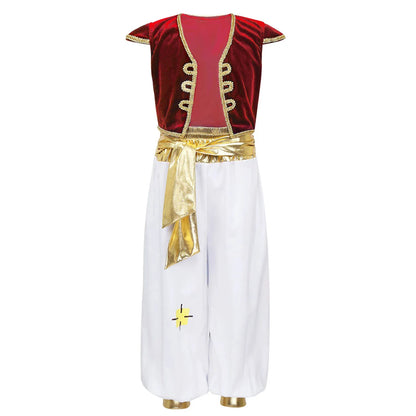 Kid Boy Arab Prince Costume Persian Arabian Halloween Role Play Cap Sleeves Vest Waistcoat with Harem Pant Suit Carnival Outfits