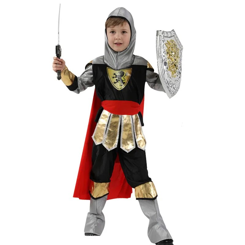 Kids Boys Royal Warrior Knight Costumes Girl Soldier Children Medieval Roman Attached Cape Halloween Carnival Party No Weapon