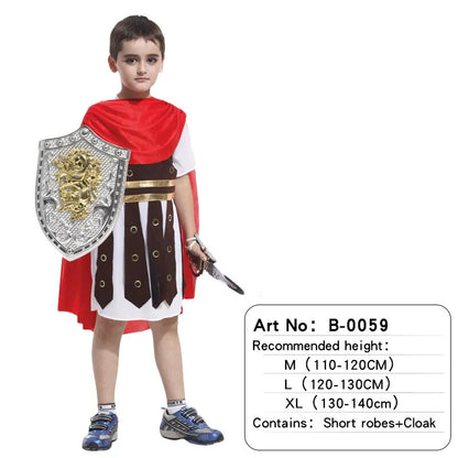 Kids Boys Royal Warrior Knight Costumes Girl Soldier Children Medieval Roman Attached Cape Halloween Carnival Party No Weapon