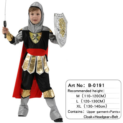 Kids Boys Royal Warrior Knight Costumes Girl Soldier Children Medieval Roman Attached Cape Halloween Carnival Party No Weapon