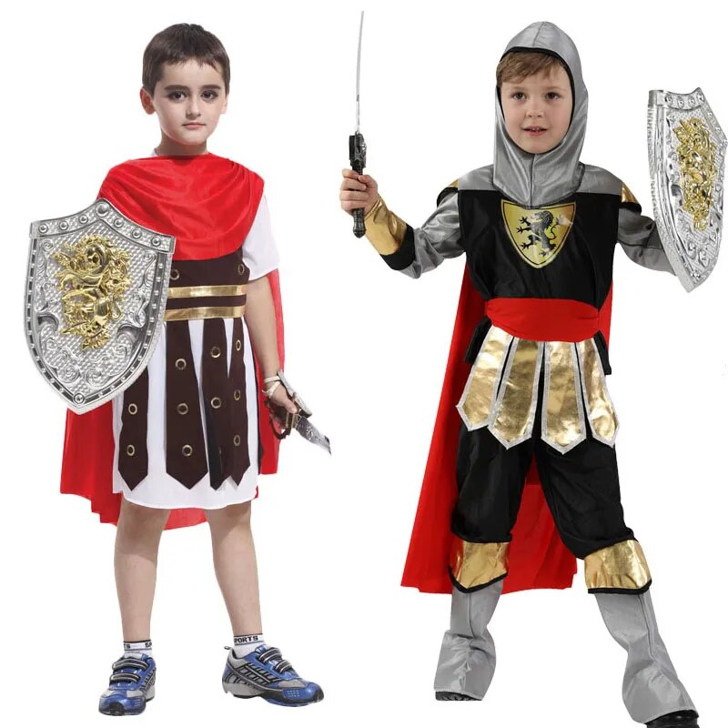 Kids Boys Royal Warrior Knight Costumes Girl Soldier Children Medieval Roman Attached Cape Halloween Carnival Party No Weapon