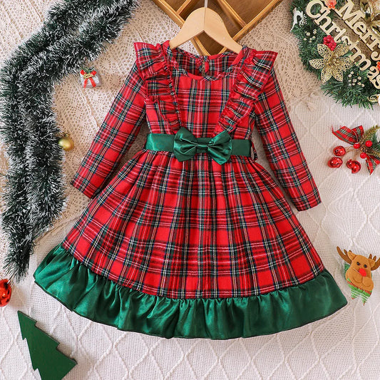 Kids Christmas Dress for Girls Clothes Autumn Winter New Child Cute Long Sleeve Red Green Plaid Bowknot Princess Dress