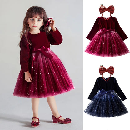 Kids Girls Dress New Sequin Birthday Princess Dress Bow Long Sleeve Mesh Casual Dress Red Christmas Children Autumn Clothes 3-8Y