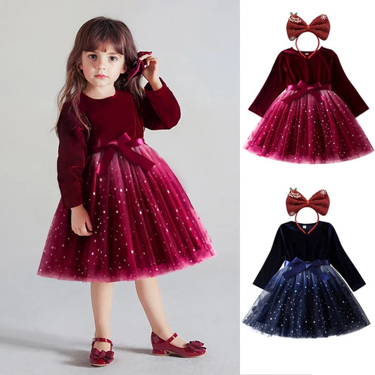 Kids Girls Dress New Sequin Birthday Princess Dress Bow Long Sleeve Mesh Casual Dress Red Christmas Children Autumn Clothes 3-8Y