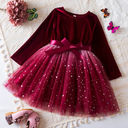 Kids Girls Dress New Sequin Birthday Princess Dress Bow Long Sleeve Mesh Casual Dress Red Christmas Children Autumn Clothes 3-8Y