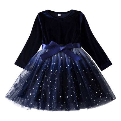 Kids Girls Dress New Sequin Birthday Princess Dress Bow Long Sleeve Mesh Casual Dress Red Christmas Children Autumn Clothes 3-8Y