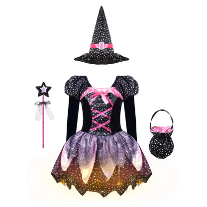 Kids Girls Witch Costume Long Sleeves Dress  Halloween Cosplay Size 3-12 With Lights