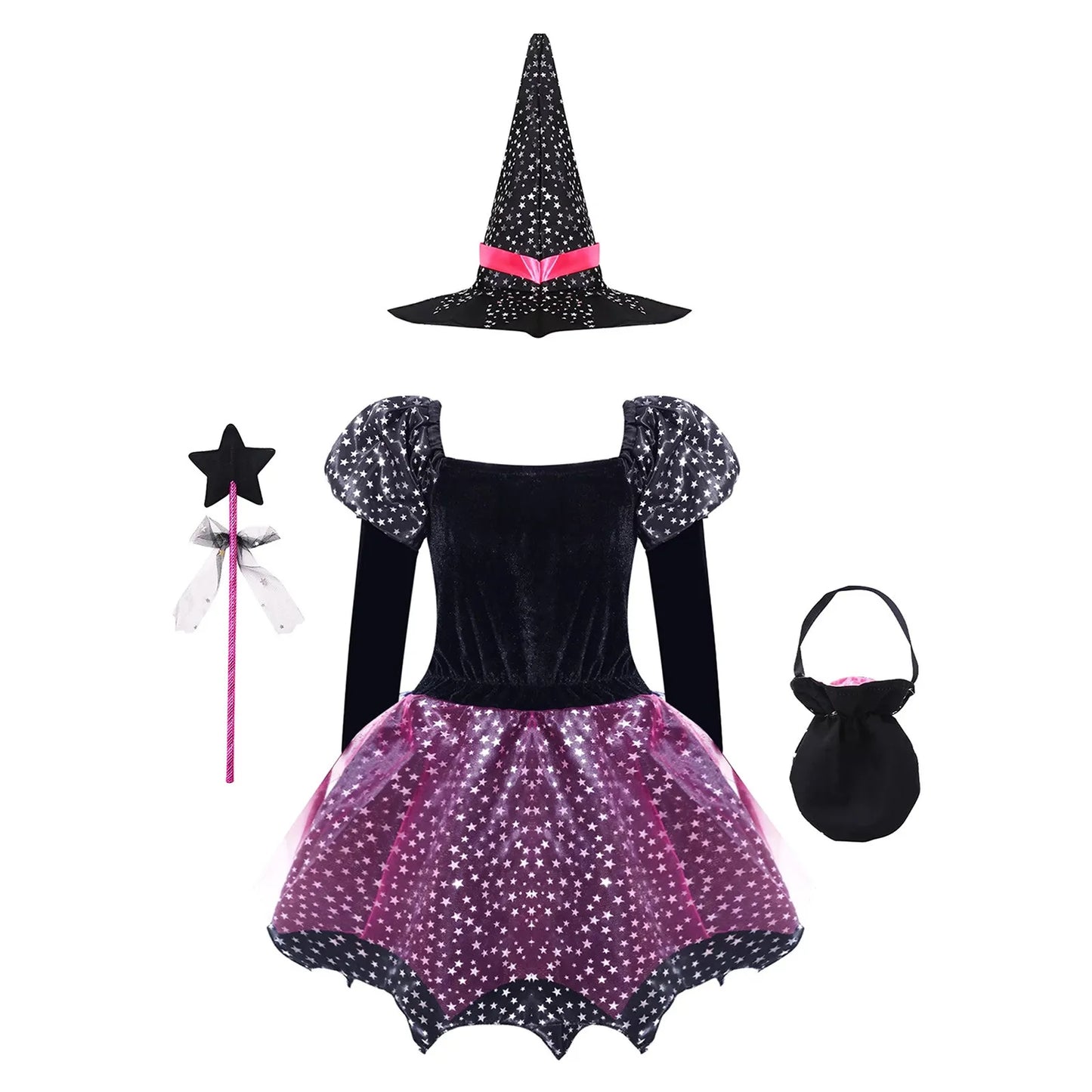 Kids Girls Witch Costume Long Sleeves Dress  Halloween Cosplay Size 3-12 With Lights