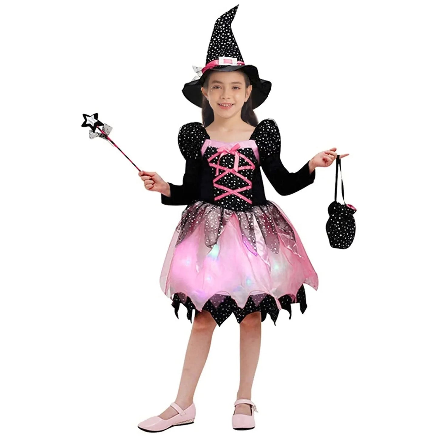 Kids Girls Witch Costume Long Sleeves Dress  Halloween Cosplay Size 3-12 With Lights