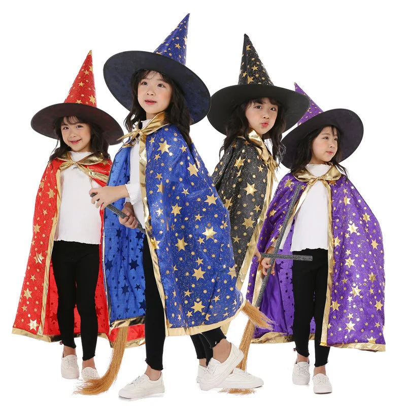 Kids Halloween Cloak Witch Cosplay Five Star Cloak And Hat Length 90 cm For Height 100-160 CM Party Prom Performs Dressing Up