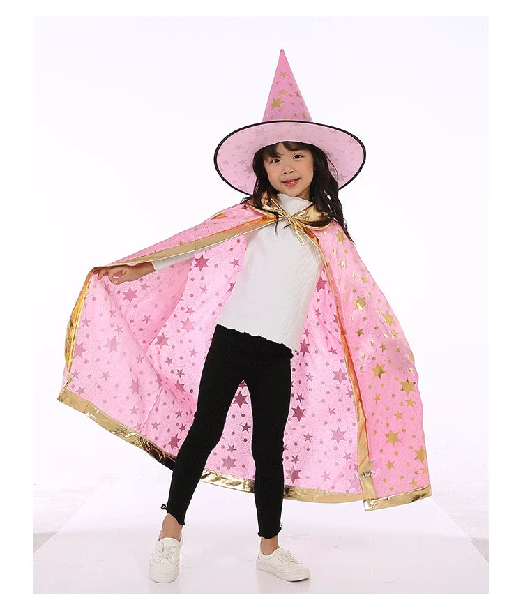 Kids Halloween Cloak Witch Cosplay Five Star Cloak And Hat Length 90 cm For Height 100-160 CM Party Prom Performs Dressing Up