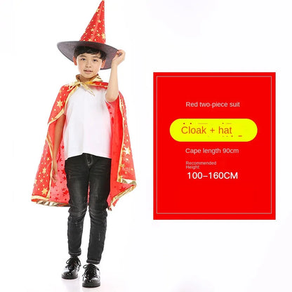 Kids Halloween Cloak Witch Cosplay Five Star Cloak And Hat Length 90 cm For Height 100-160 CM Party Prom Performs Dressing Up