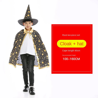 Kids Halloween Cloak Witch Cosplay Five Star Cloak And Hat Length 90 cm For Height 100-160 CM Party Prom Performs Dressing Up