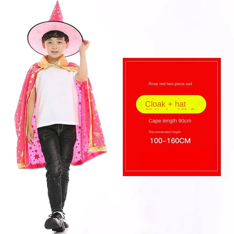 Kids Halloween Cloak Witch Cosplay Five Star Cloak And Hat Length 90 cm For Height 100-160 CM Party Prom Performs Dressing Up