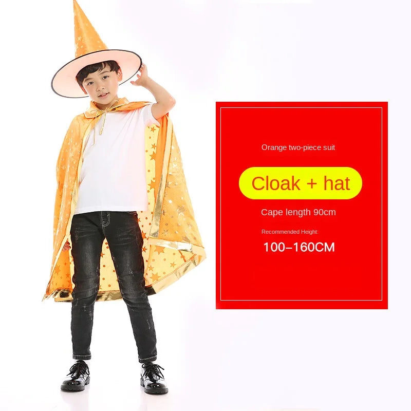 Kids Halloween Cloak Witch Cosplay Five Star Cloak And Hat Length 90 cm For Height 100-160 CM Party Prom Performs Dressing Up