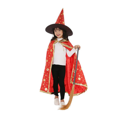 Kids Halloween Cloak Witch Cosplay Five Star Cloak And Hat Length 90 cm For Height 100-160 CM Party Prom Performs Dressing Up