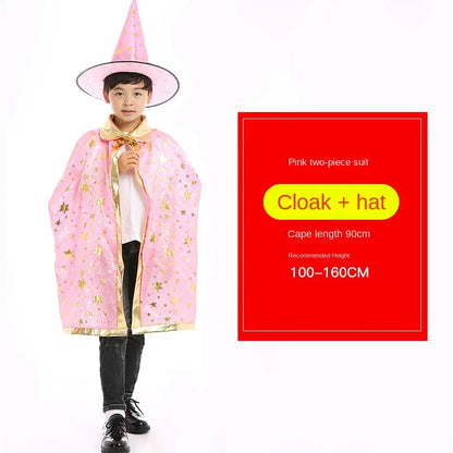 Kids Halloween Cloak Witch Cosplay Five Star Cloak And Hat Length 90 cm For Height 100-160 CM Party Prom Performs Dressing Up