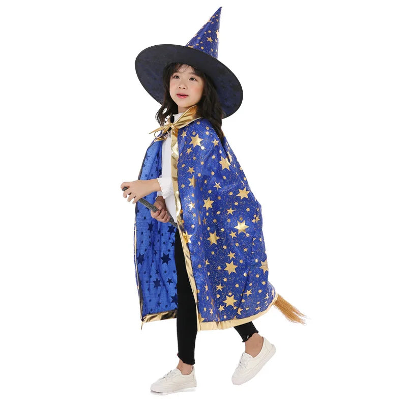 Kids Halloween Cloak Witch Cosplay Five Star Cloak And Hat Length 90 cm For Height 100-160 CM Party Prom Performs Dressing Up