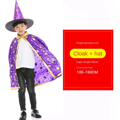 Kids Halloween Cloak Witch Cosplay Five Star Cloak And Hat Length 90 cm For Height 100-160 CM Party Prom Performs Dressing Up