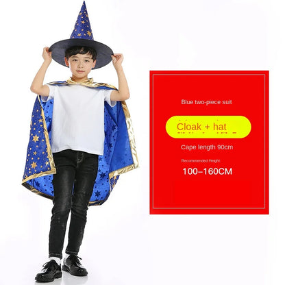 Kids Halloween Cloak Witch Cosplay Five Star Cloak And Hat Length 90 cm For Height 100-160 CM Party Prom Performs Dressing Up