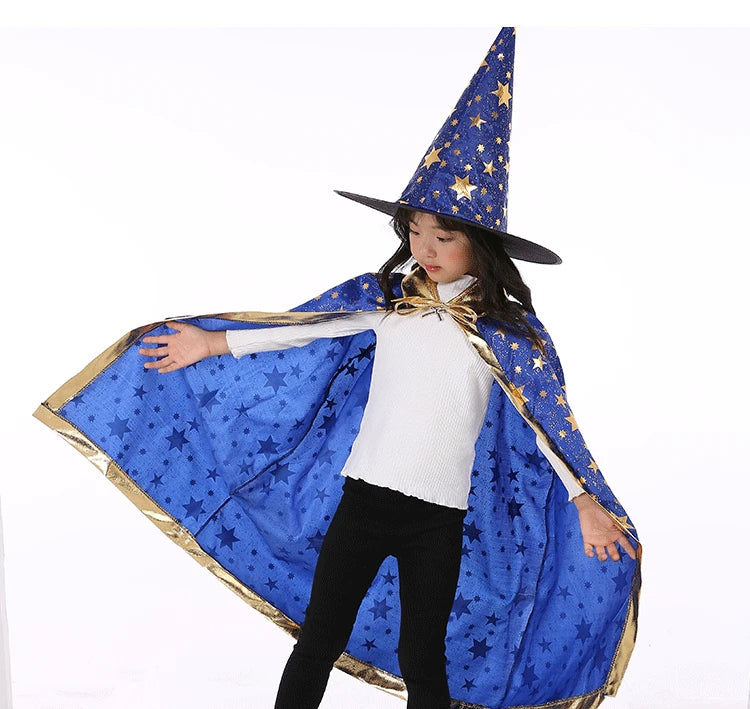 Kids Halloween Cloak Witch Cosplay Five Star Cloak And Hat Length 90 cm For Height 100-160 CM Party Prom Performs Dressing Up