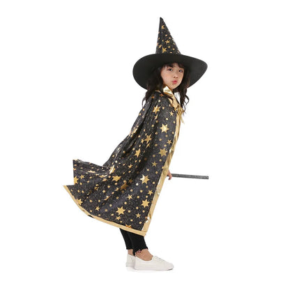 Kids Halloween Cloak Witch Cosplay Five Star Cloak And Hat Length 90 cm For Height 100-160 CM Party Prom Performs Dressing Up