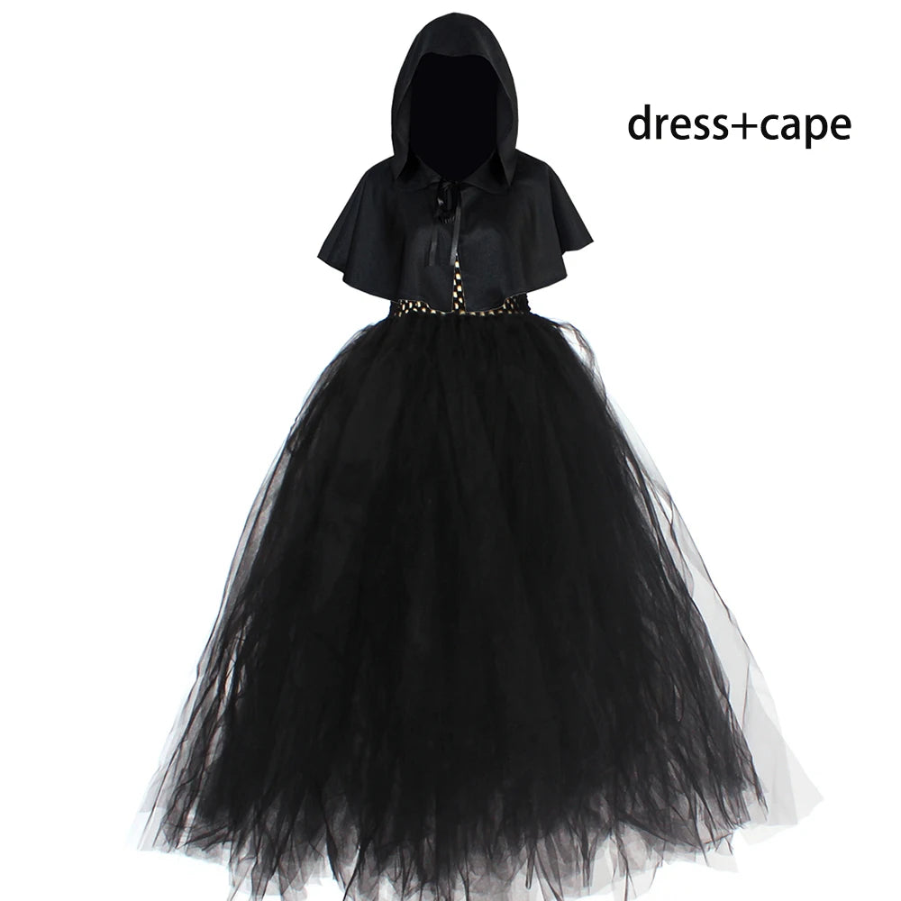 Kids Hooded Halloween Witch Costume for Girls Medieval Renaissance Retro Gown Tutu Dress Children Role Play Party Cosplay Outfit