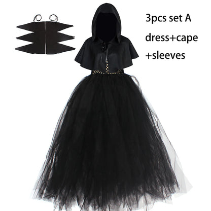 Kids Hooded Halloween Witch Costume for Girls Medieval Renaissance Retro Gown Tutu Dress Children Role Play Party Cosplay Outfit