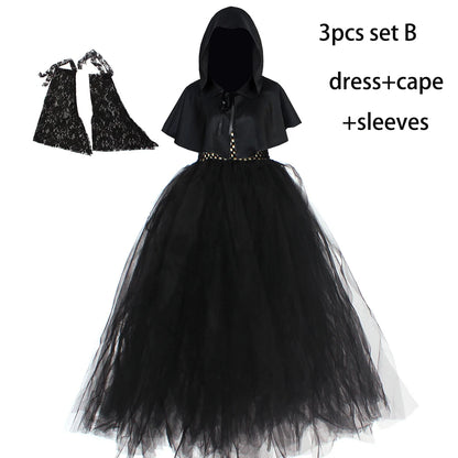 Kids Hooded Halloween Witch Costume for Girls Medieval Renaissance Retro Gown Tutu Dress Children Role Play Party Cosplay Outfit