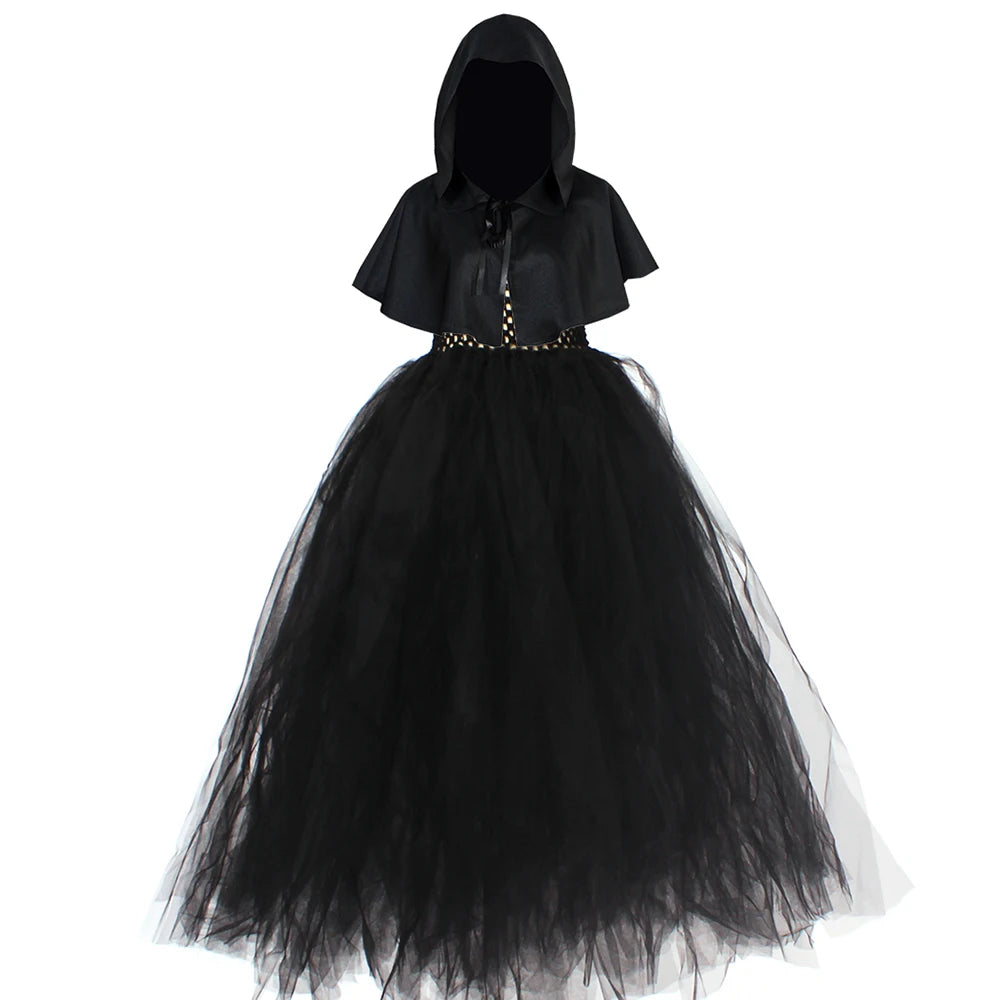 Kids Hooded Halloween Witch Costume for Girls Medieval Renaissance Retro Gown Tutu Dress Children Role Play Party Cosplay Outfit