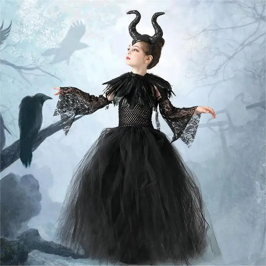 Kids Party Dress Sleeping Curse Witch Dress for Childrens Halloween Cosplay Performance Dress for Girls Black Mesh Dress