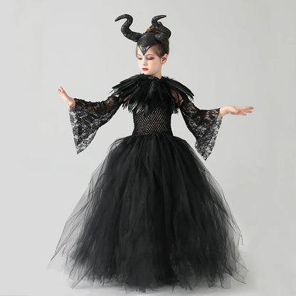 Kids Party Dress Sleeping Curse Witch Dress for Childrens Halloween Cosplay Performance Dress for Girls Black Mesh Dress