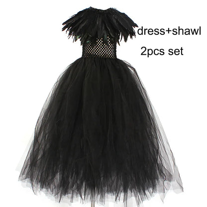 Kids Party Dress Sleeping Curse Witch Dress for Childrens Halloween Cosplay Performance Dress for Girls Black Mesh Dress