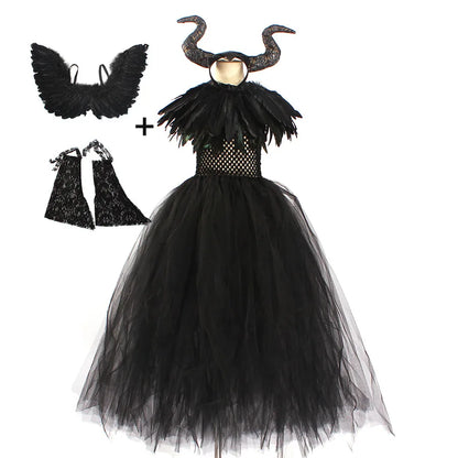 Kids Party Dress Sleeping Curse Witch Dress for Childrens Halloween Cosplay Performance Dress for Girls Black Mesh Dress