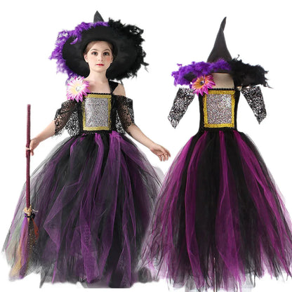 Kids Witch Costume Children Halloween Wizard Clothes Child Pageant Outfits Girls Fairytale Cosplay Tutu Dress Party Tulle Gown