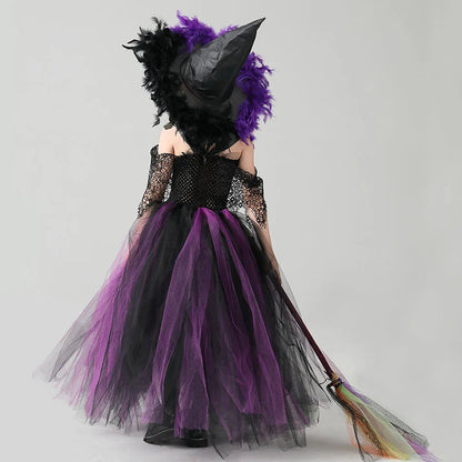 Kids Witch Costume Children Halloween Wizard Clothes Child Pageant Outfits Girls Fairytale Cosplay Tutu Dress Party Tulle Gown