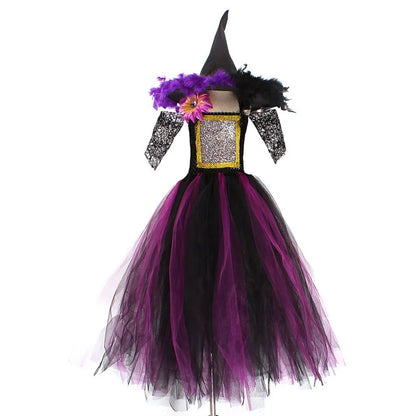 Kids Witch Costume Children Halloween Wizard Clothes Child Pageant Outfits Girls Fairytale Cosplay Tutu Dress Party Tulle Gown