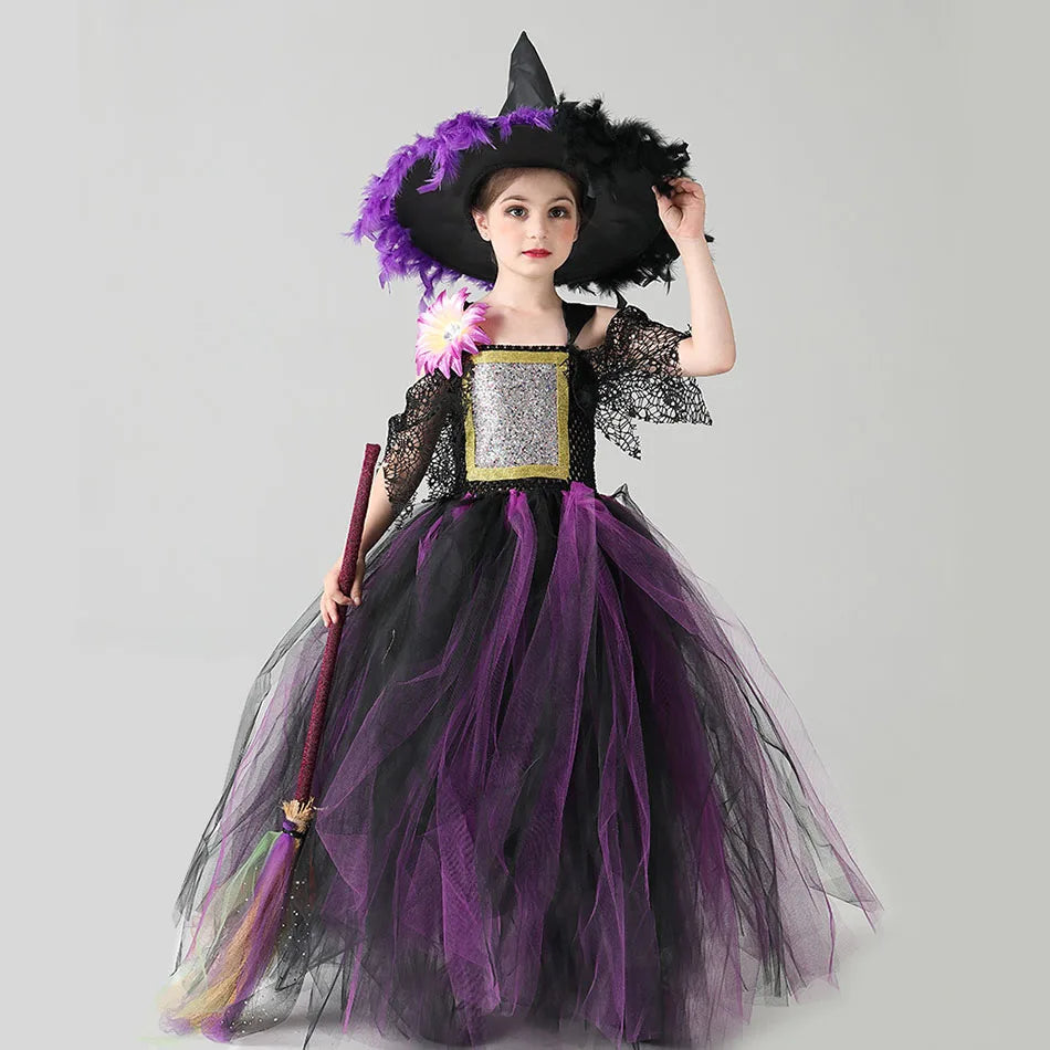 Kids Witch Costume Children Halloween Wizard Clothes Child Pageant Outfits Girls Fairytale Cosplay Tutu Dress Party Tulle Gown