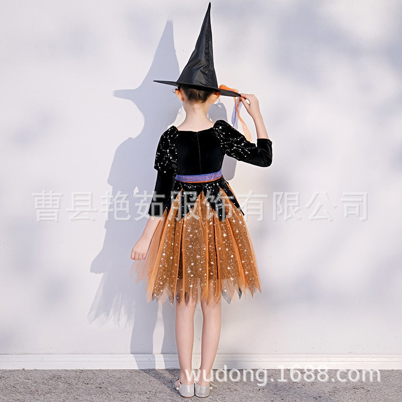 Kindergarten Witch Dress Up Show Costume Set Halloween Children&#39;s Witch Cos Princess Dress