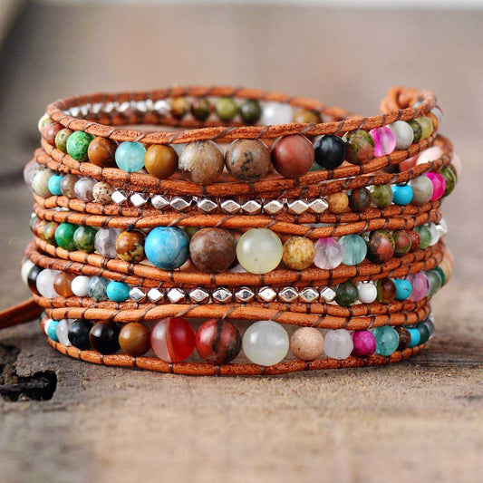 Leather Wrap Bracelets Women Graduated Natural Stones Silver Color Beads Multilayers Bracelets