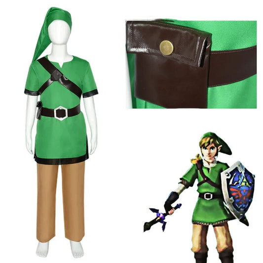 Link Full Set Green Shirt of The Legend Game of Zleda:Skyward Sword Unisex Adult Kids Halloween Party Cosplay Costume Uniform