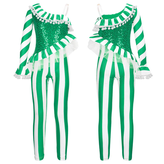 Little Girls Christmas Clothes One Shoulder Striped Jumpsuit Halloween Circus Show Cosplay Costume Ballet Gymnastics Leotard