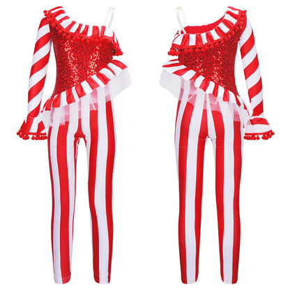 Little Girls Christmas Clothes One Shoulder Striped Jumpsuit Halloween Circus Show Cosplay Costume Ballet Gymnastics Leotard