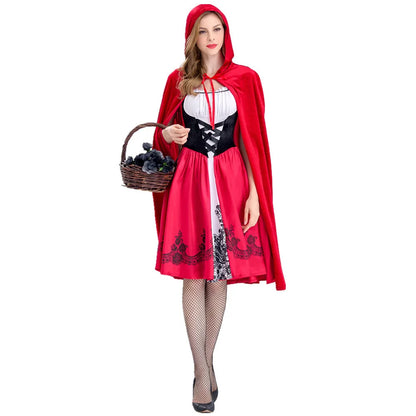 Little Red Riding Hood Adult Costume Cosplay Dress with Cloak for Women Carnival Party Outfit