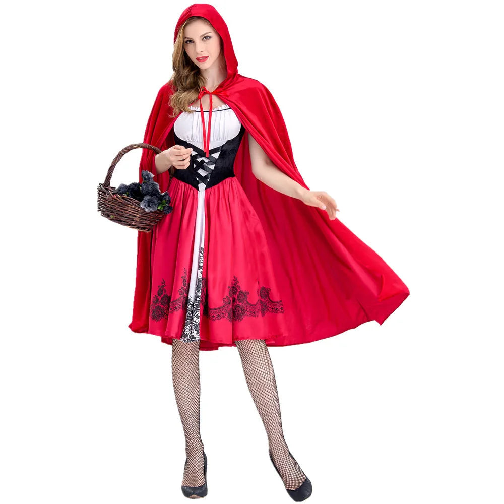 Little Red Riding Hood Adult Costume Cosplay Dress with Cloak for Women Carnival Party Outfit