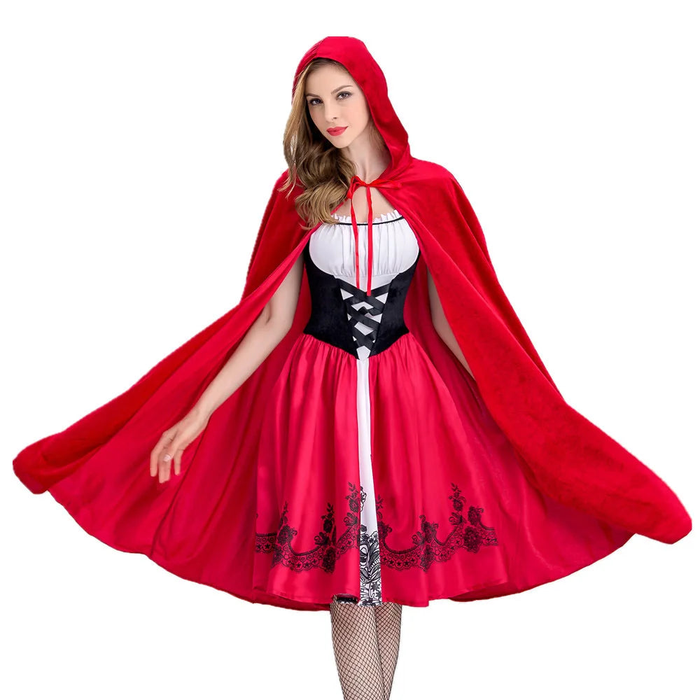 Little Red Riding Hood Adult Costume Cosplay Dress with Cloak for Women Carnival Party Outfit