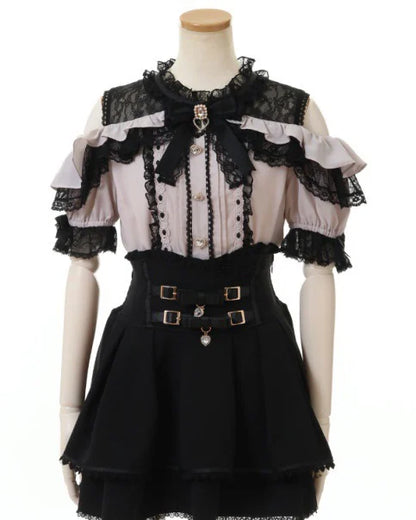 Liz Japanese Mass-Produced Mine Off-Shoulder Lace Ruffle Color-Block Bow Shirt Short Sleeve Tops Spring Summer Lolita Blouses