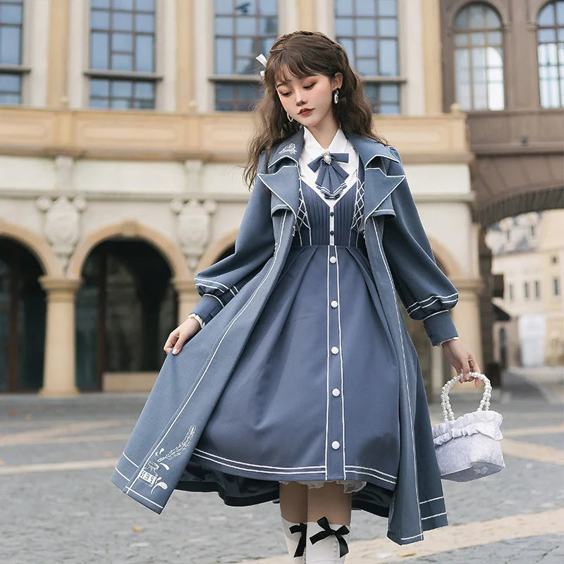 Lolita Dress Spring Couple Winter Lolita Skirt Lie Book Jsk Elegant Military Light Lo Skirt Coat Full Set